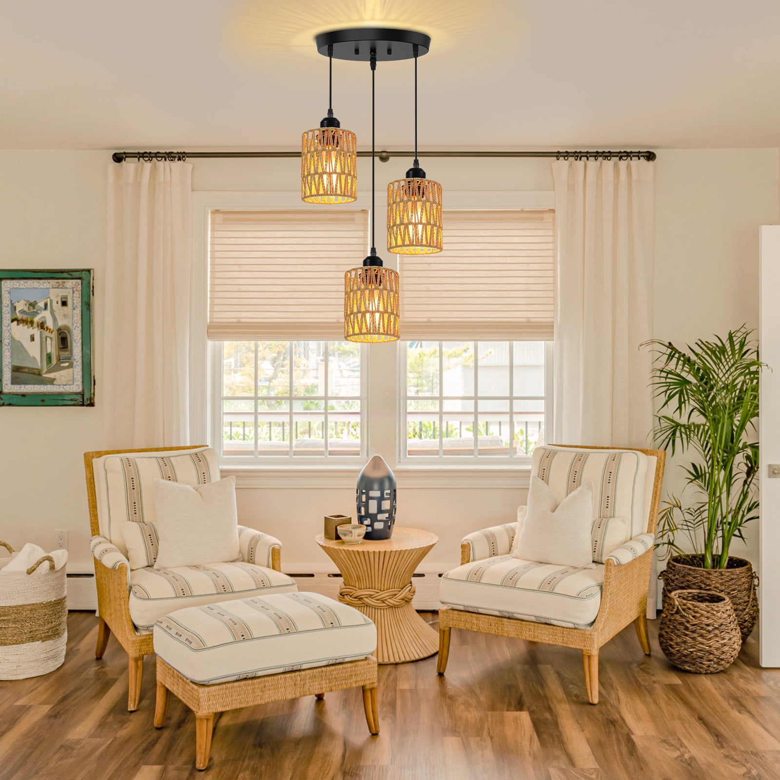 DONGPAI Rattan Farmhouse Pendant Lights for Kitchen Island, Boho Hand-Woven Lamp Shade Kitchen Hanging Lights Ceiling Light Fixture for Kitchen, Dining Room, Foyer & Entryway