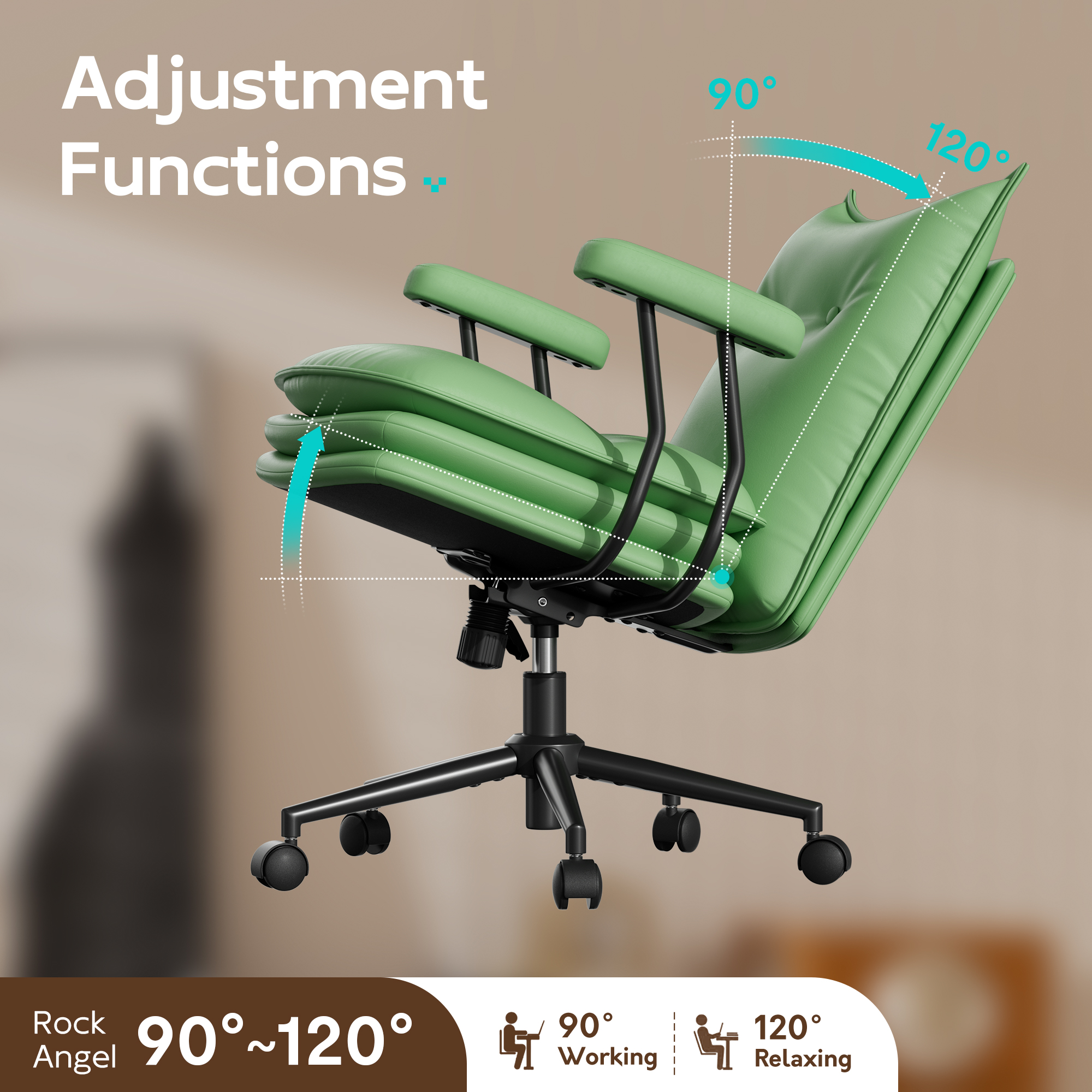 iooHug Ergonomic Green Office Chair, PU Leather Desk Chair with Thick Cushioned Seat, Mid Back Swivel Office Chair for Home Office & Study, Adjustable Height, 300 LBS