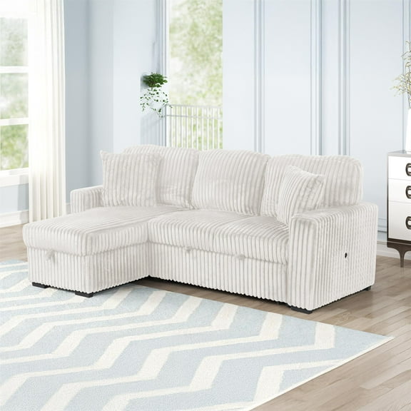 Plush Sectional made with Soft Corduroy and Wood in Cream
