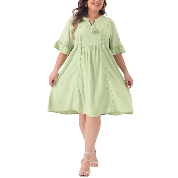 Vestido midi bohemio de encaje con mangas acampanadas y borlas para mujer de tallas grandes Agnes Orinda 1X verde claro