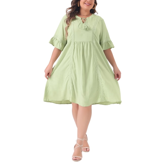 Vestido midi bohemio de encaje con mangas acampanadas y borlas para mujer de tallas grandes Agnes Orinda 1X verde claro