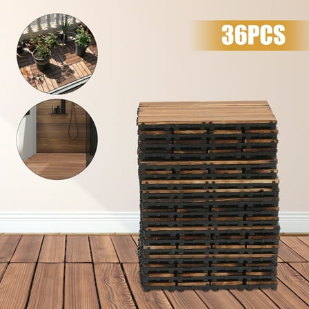 36Pcs Hardwood Interlocking Patio Deck Tiles Wood Flooring DIY Outdoor 12''x12'' Installed on Cement Grounds, Stone Grounds,etc