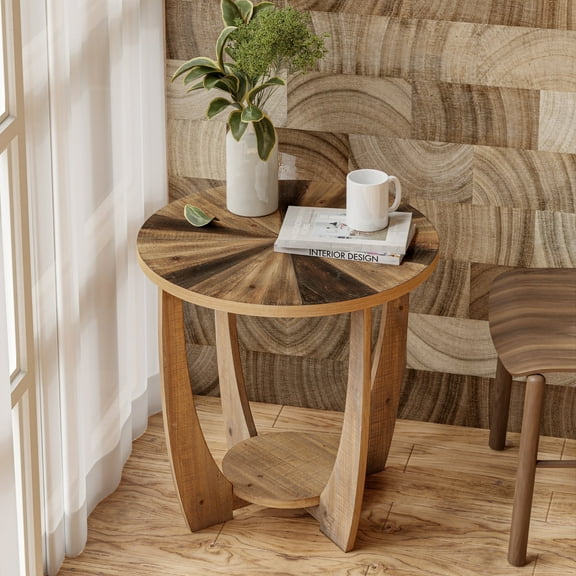 COZAYH Rustic Farmhouse End Table , French Country Accent Side Table for Family, Dinning Room, Living Room, Small Spaces, Storage Shelf, Modern, Round, Black, Natural Wood