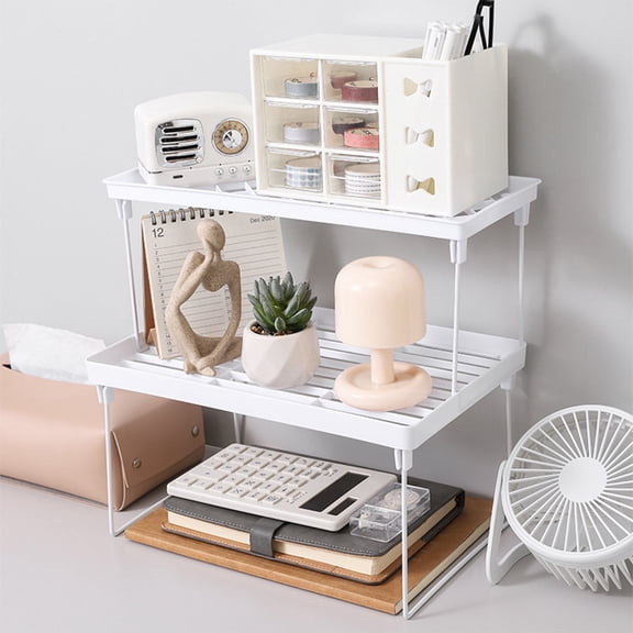Foldable Desktop Storage Rack Organizer | Plastic & Metal Dual-Layer Shelf Stand, White, 13.6"x5.9"x5.4" or 12.4"x7.7"x6.3" | Cup Holder, Breathable Design, Space-Saving, Portable, Multi-Functional