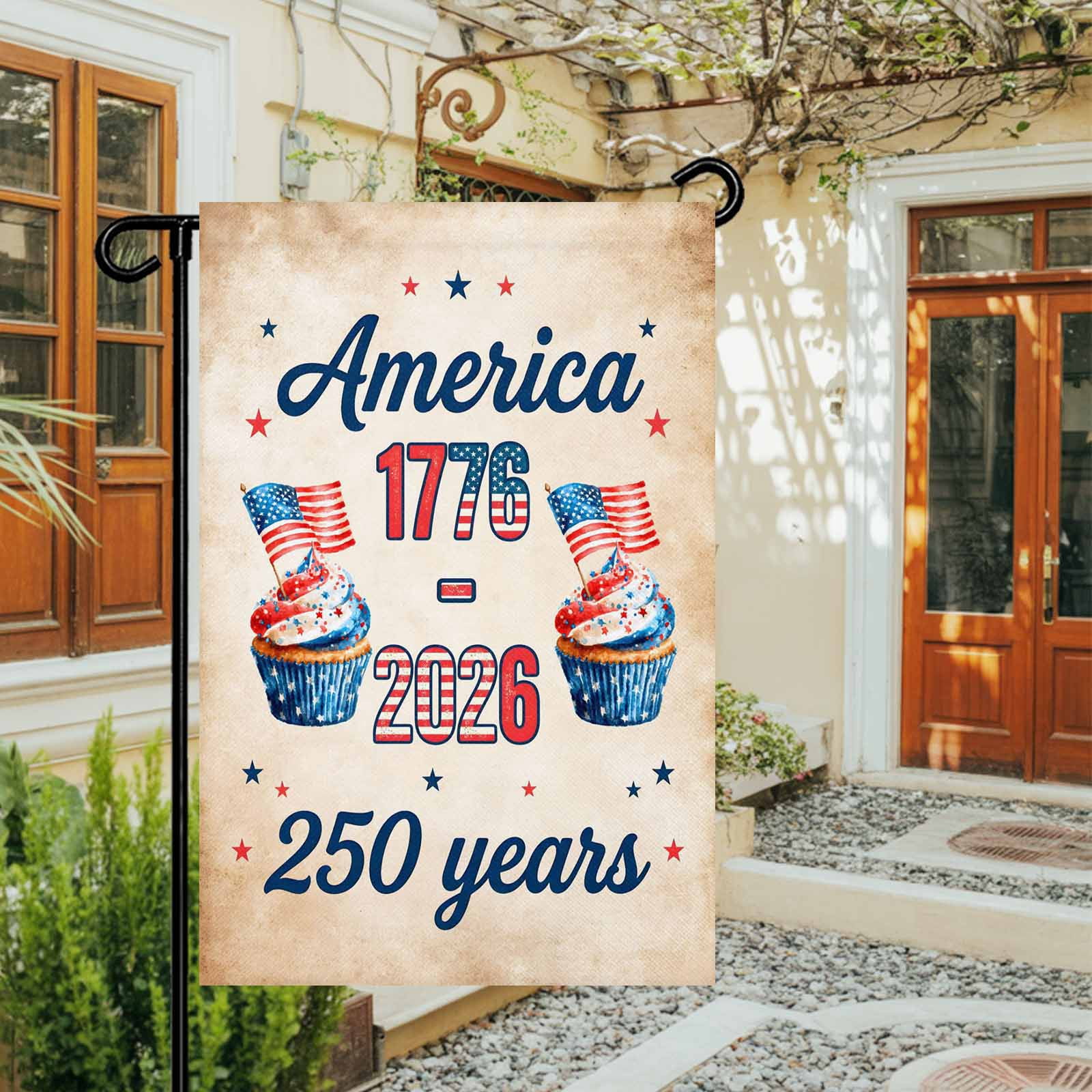 4th of July Garden Flags America 250 Years Garden Flag Double Sided Welcome Flag Cupcakes USA Flag Retro Independence Day Yard Flags for Outdoor Lawn Porch Memorial Day Holiday Decor 28x40 Inch