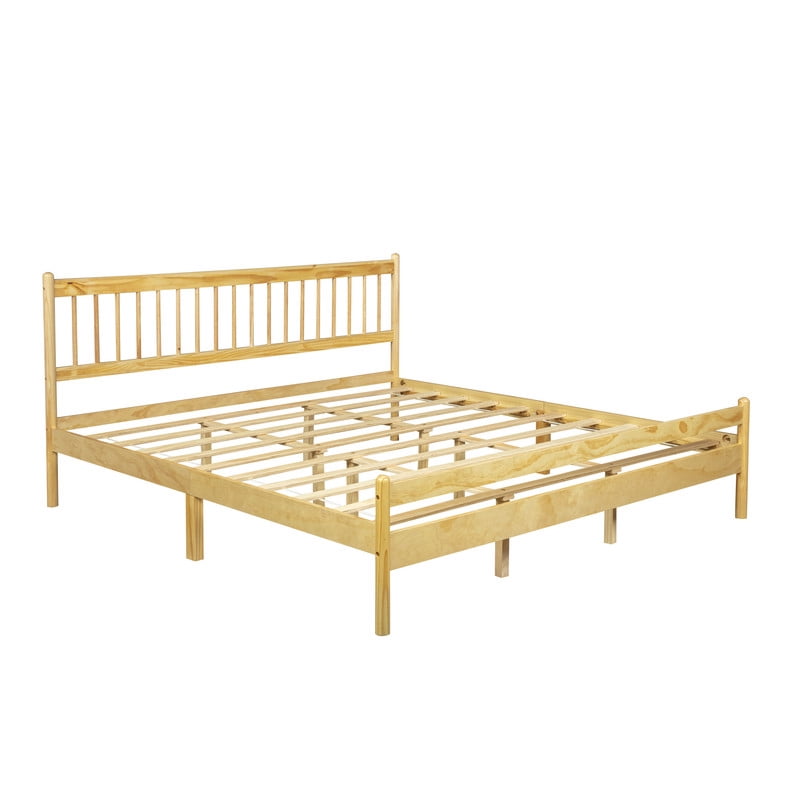 King Size Traditional Style Low Profile Platform Bed with Headboard and Footboard, Wood Bed Frame with Rounded Bedpost