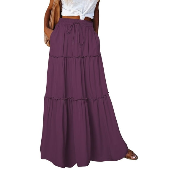 Xyxonk Women's Flowy Elastic Long Maxi Skirt Bohemian Print High Waist Tie Skirts Spring Summer Pleated Beach Dress with Pockets Purple L