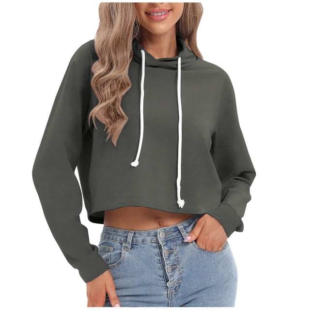 cfhntfmh Women Cropped Hoodie Drawstring Pullover Sweatshirt Long Sleeve Workout Tops Fall Fashion 2024 Clothes