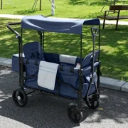 Loewten Wagon Stroller for 2 Kids, 3-in-1 Wagon Stroller with Canopy, Adjustable Handlebars, Removable Seat, Multiple Pockets and Cup Holder for Toddlers BLue