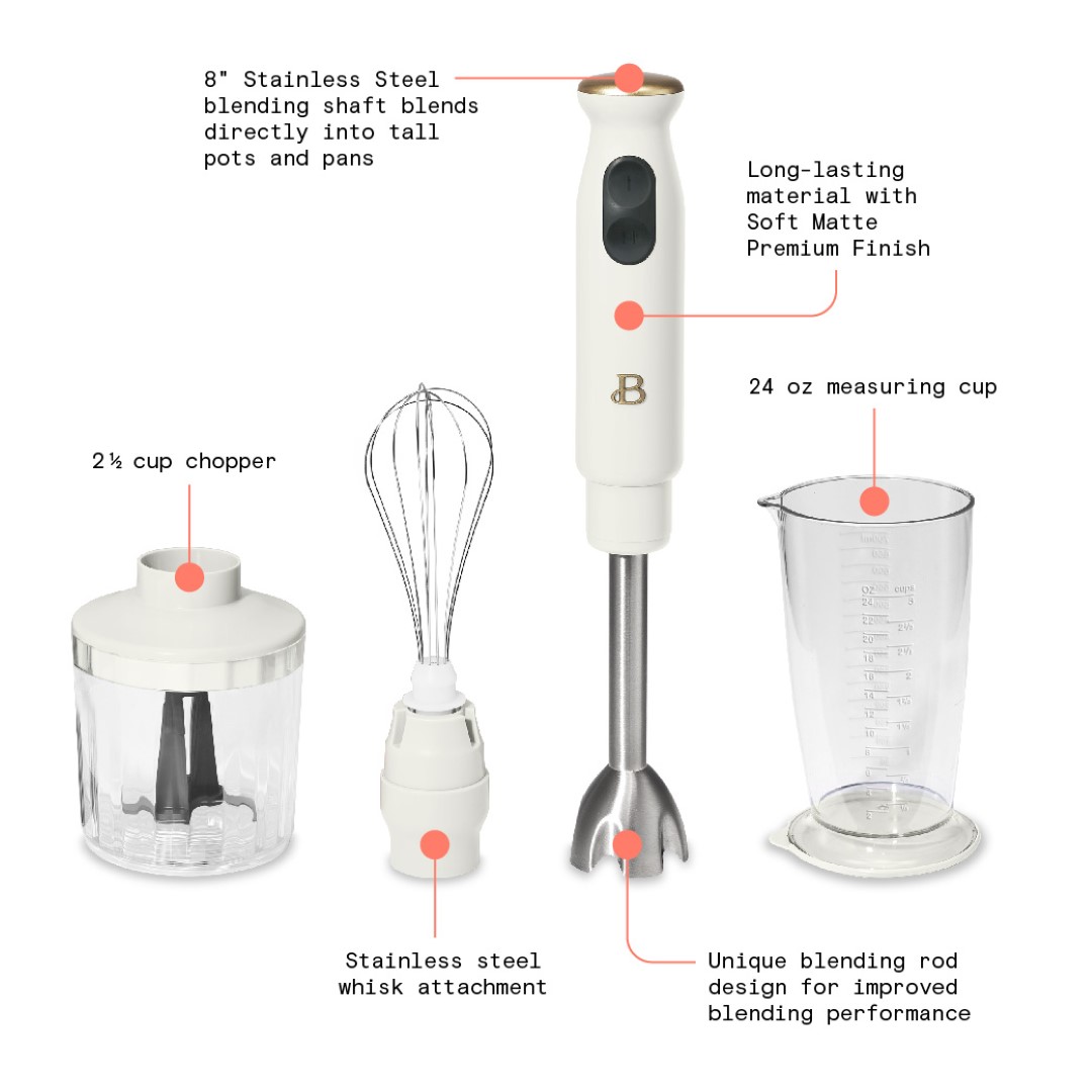 Beautiful 2-Speed Immersion Blender with Chopper & Measuring Cup, White Icing by Drew Barrymore - image 3 of 15
