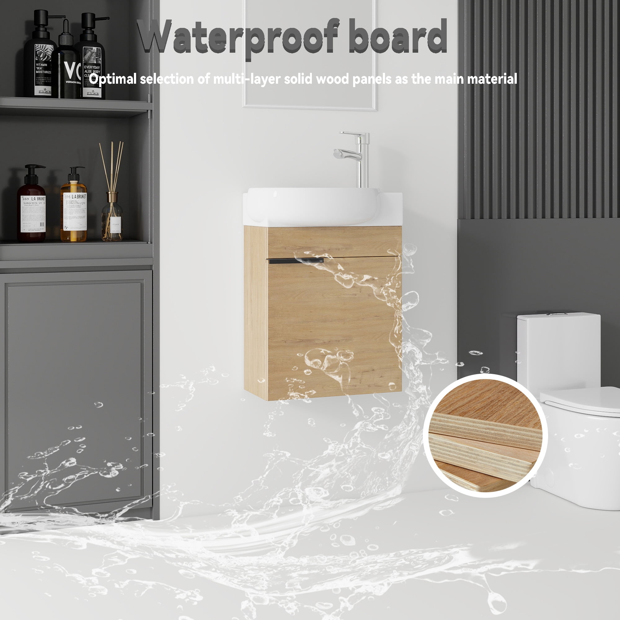 Leumius 16" Wall-Mount Bathroom Vanity Cabinet with with Ceramic Sink & Soft‑Close Doors for Small Space,Bathrooms,Oak