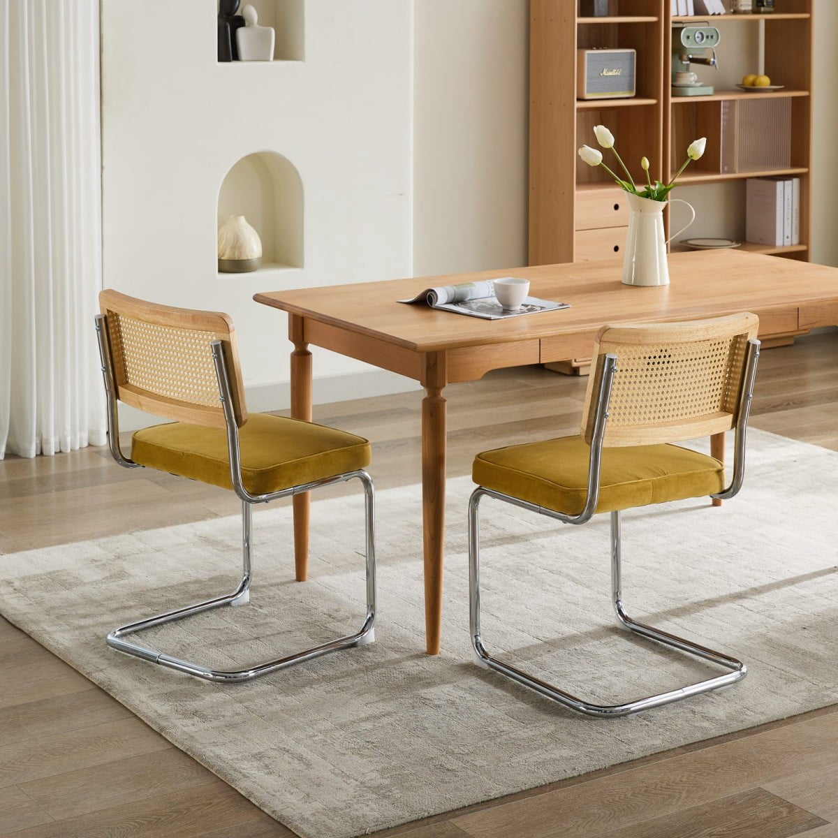 Dining Chairs Set of 2, Mid Century Modern Velvet Accent Chairs with Natural Rattan Back, Chrome Cantilever Base, Gold