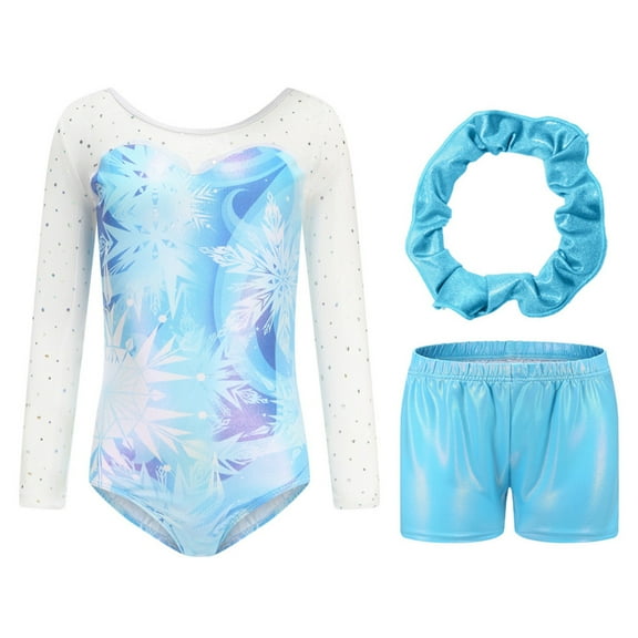 Leotards for Girls Gymnastics Sparkly Snowflake Pattern Leotards with Diamond, Children's Long Sleeved Gymnastics Suit with Shorts and Headband Blue For 5-6 Years