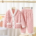 thumbnail image 2 of cfhntfmh Children's Fuzzy Outfits Winter Warm Fleece Long Sleeve Buttons down Jackets Color Block High Waisted Pants Lounge Sets, 2 of 6