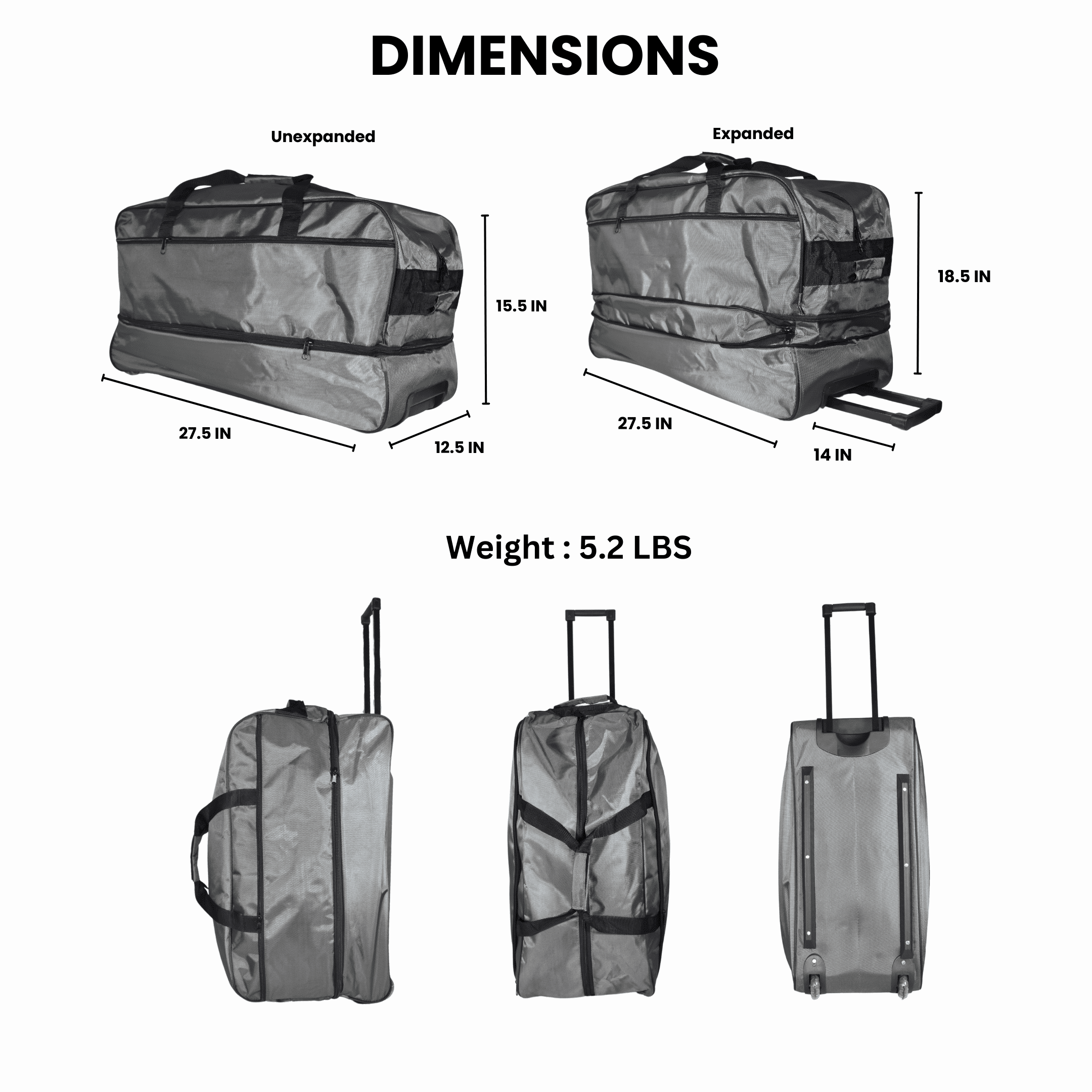 IronBar Rolling Duffle Bag Wheeled Rolling Expandable Suitcase Foldable 27.5 IN Gray