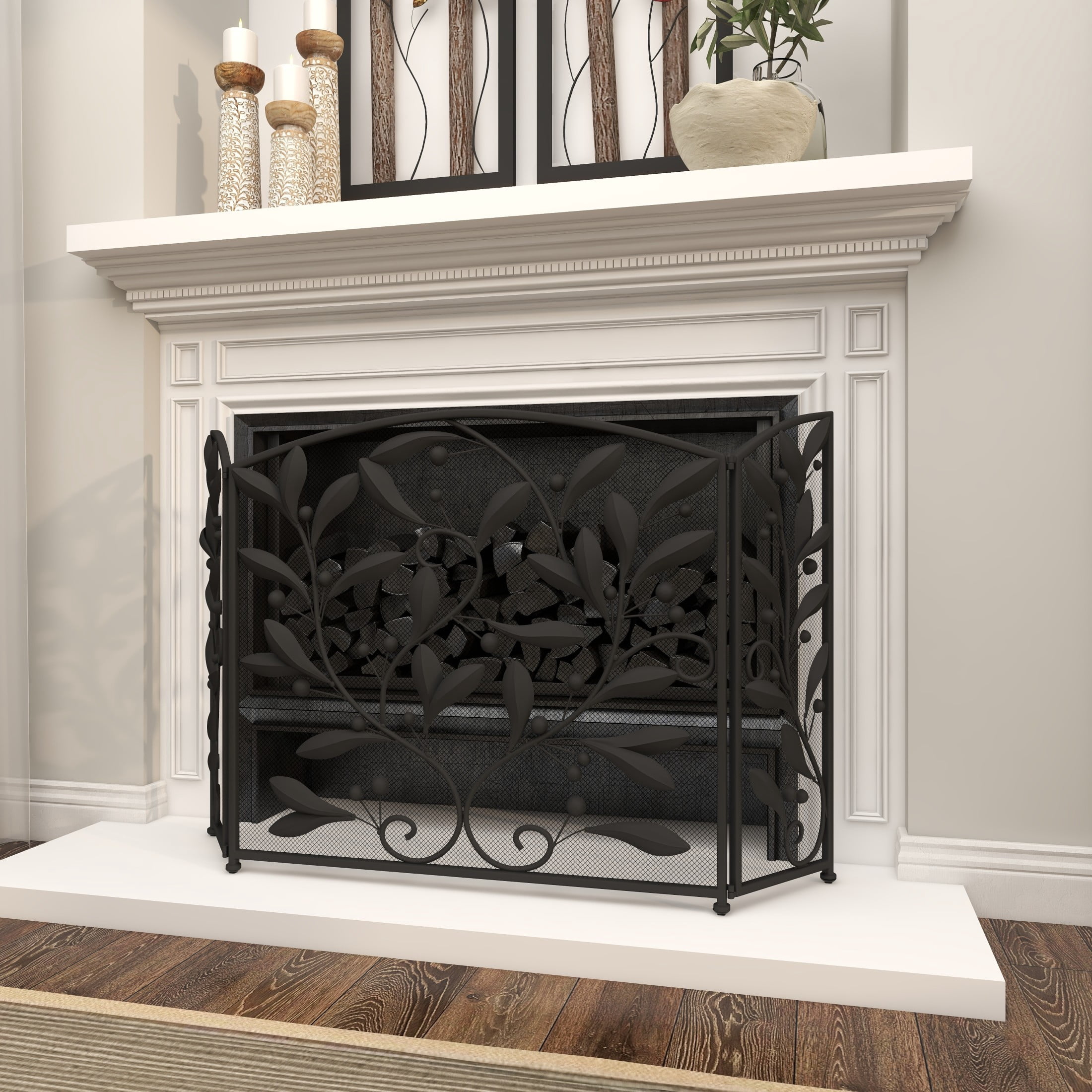 DecMode 45" x 30" Black Metal Foldable Mesh Netting 3 Panel Scroll Fireplace Screen with Leaf and Vine Relief, 1-Piece