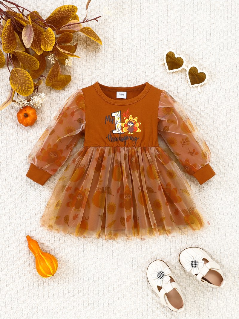 KIMI BEAR Infant Baby Girls Thanksgiving Dress 12-18 Months Round Neck Long  Sleeves Dress Letter Chick Print One-piece Overalls Tulle Dress A-line ...