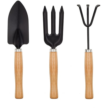 Heldig Mini Garden Tools Set  Garden Tool Kit with 3 Piece Wooden Handle&Black Metal Fork  Trowel  CultivatorB