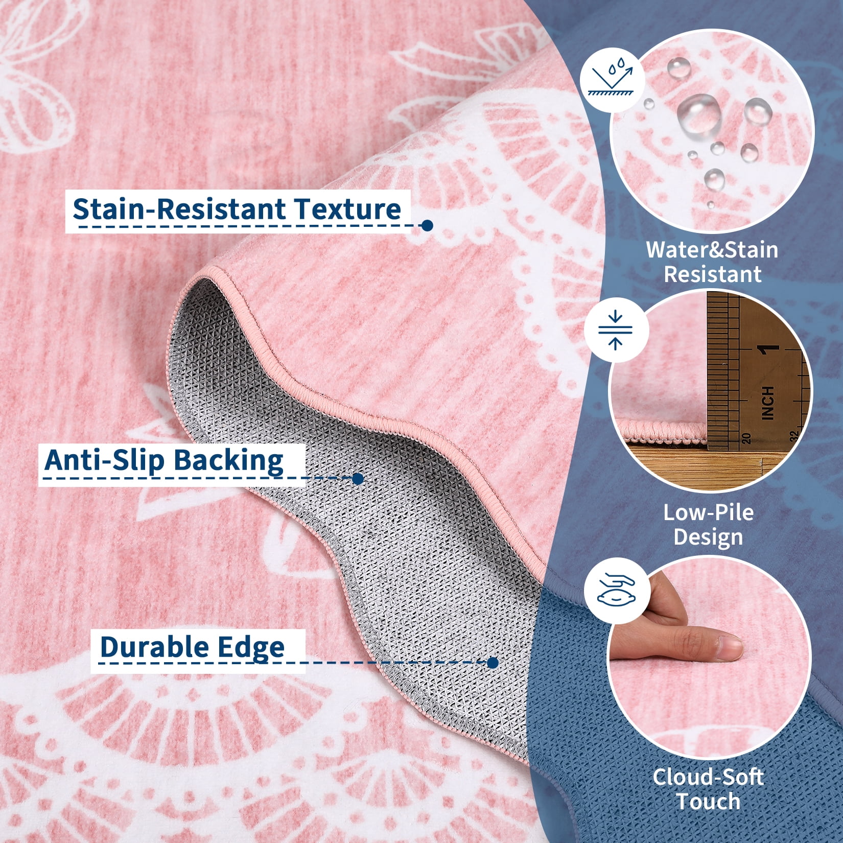 Garvee 9x12 Wave Border Area Rug Coquette Bow Pattern Carpet, Machine Washable Low Pile Rug with Non-Slip Backing for Living Room Bedroom Home Office, Pink