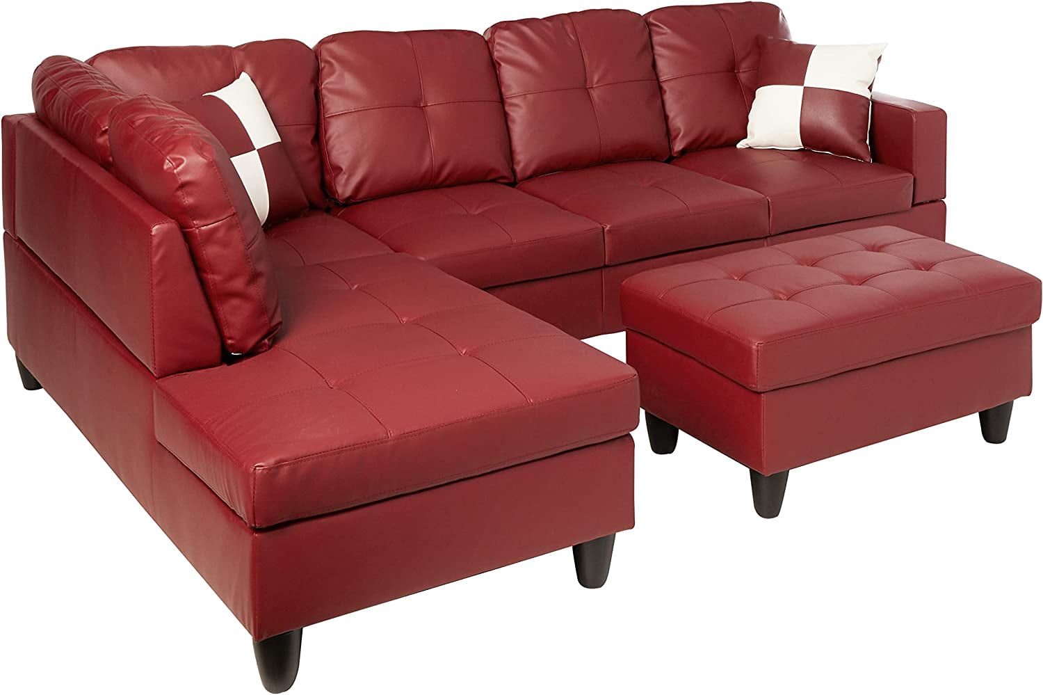 PonLiving Furniture Red Faux Leather 3 Piece Sectional Sofa Couch Set, L-Shaped Modern Sofa with Chaise Storage Ottoman for Living Room Furniture, Left Hand Facing