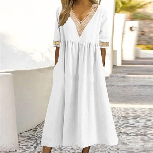 Fiudx Robe Femme Été Couleur Unie Col en V Mi-Longue Robe Décontractée Ajustée Manches Courtes Offres de la Semaine Liquidation