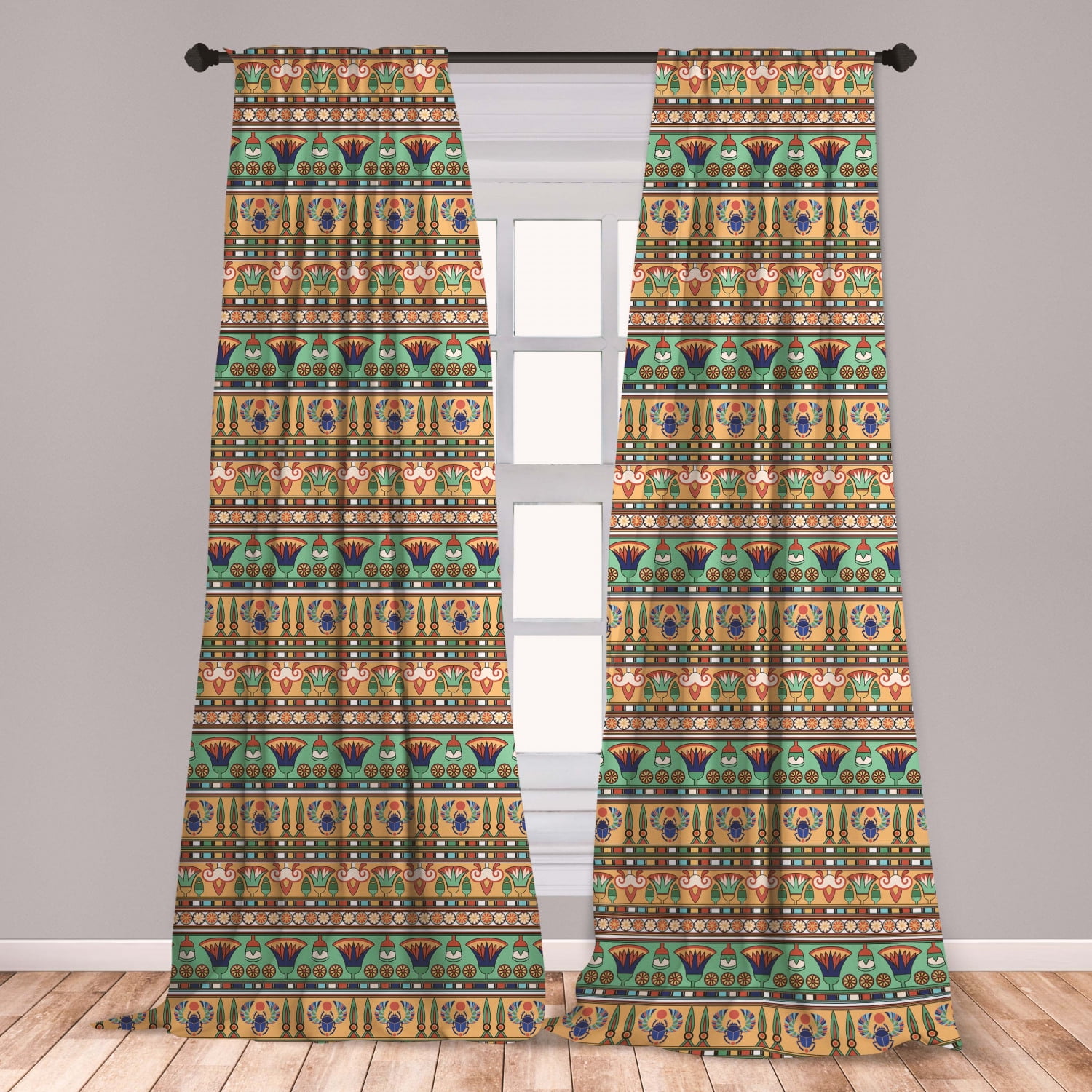 Egyptian Curtains 2 Panels Set, Motifs Pattern with Lily Flower and
