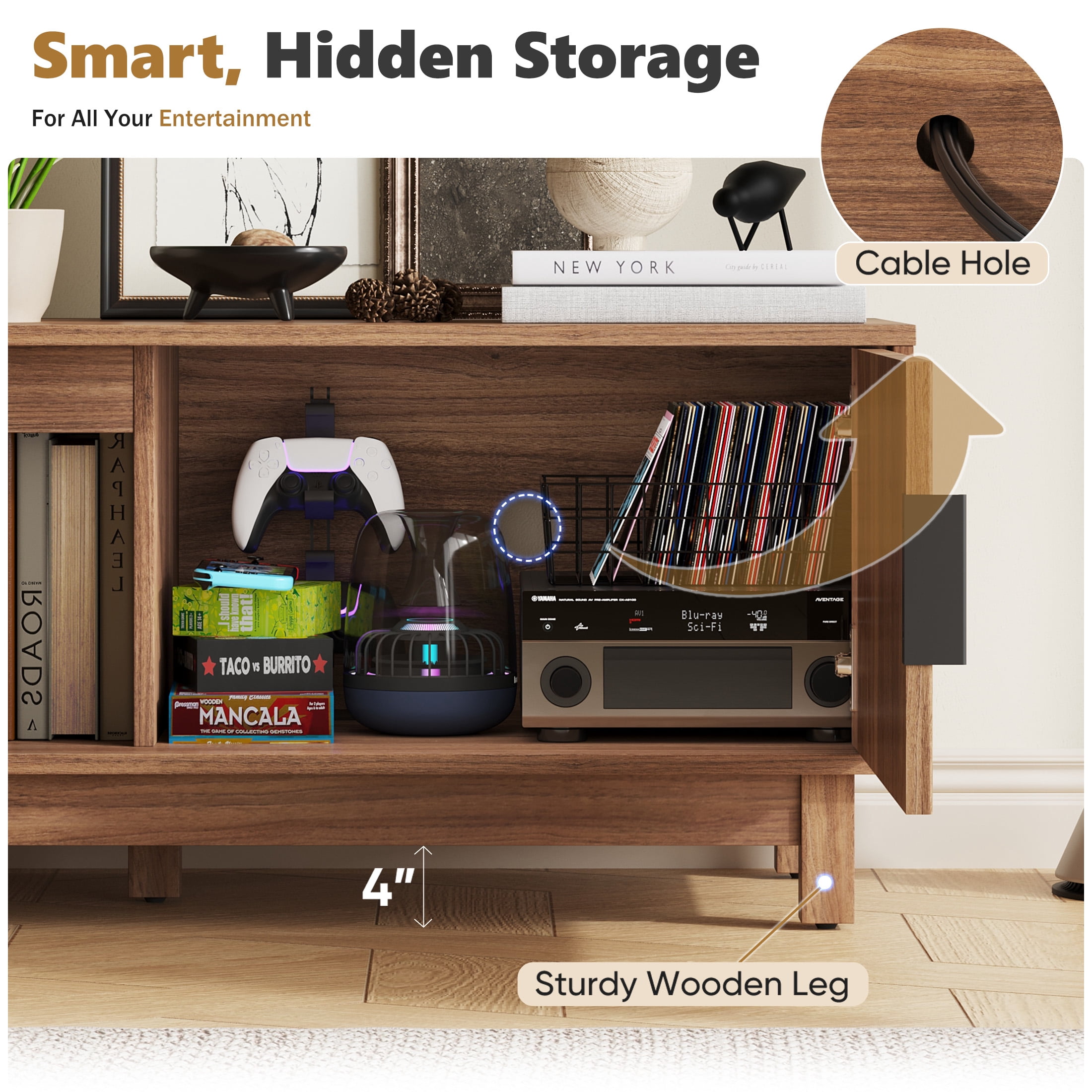 JIOABL 58" Rattan TV Stand, Wood Entertainment Center with Storage Cabinets & Cable Management Hole
