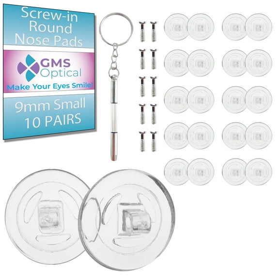 GMS Optical Round Screw-in Silicone Nose Pads for Glasses – 9mm Diameter, with Screws & Screwdriver Eyeglass Repair Kit (10 Pair, Clear)