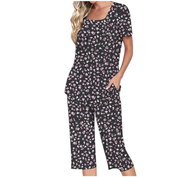Conjunto de Ropa de Estar para Mujer, Blusa de Manga Corta de Impresión de Moda Y Pantalones Cortos con Cintura Elástica Hecha de Poliéster, Pantalones de Cintura Elástica para Mujeres
