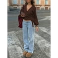 thumbnail image 4 of Women'S V Neck Wrap Sweater Long Lantern Sleeve Cinched Waist Crop Tops Fall Knitwear Brown XL, 4 of 9