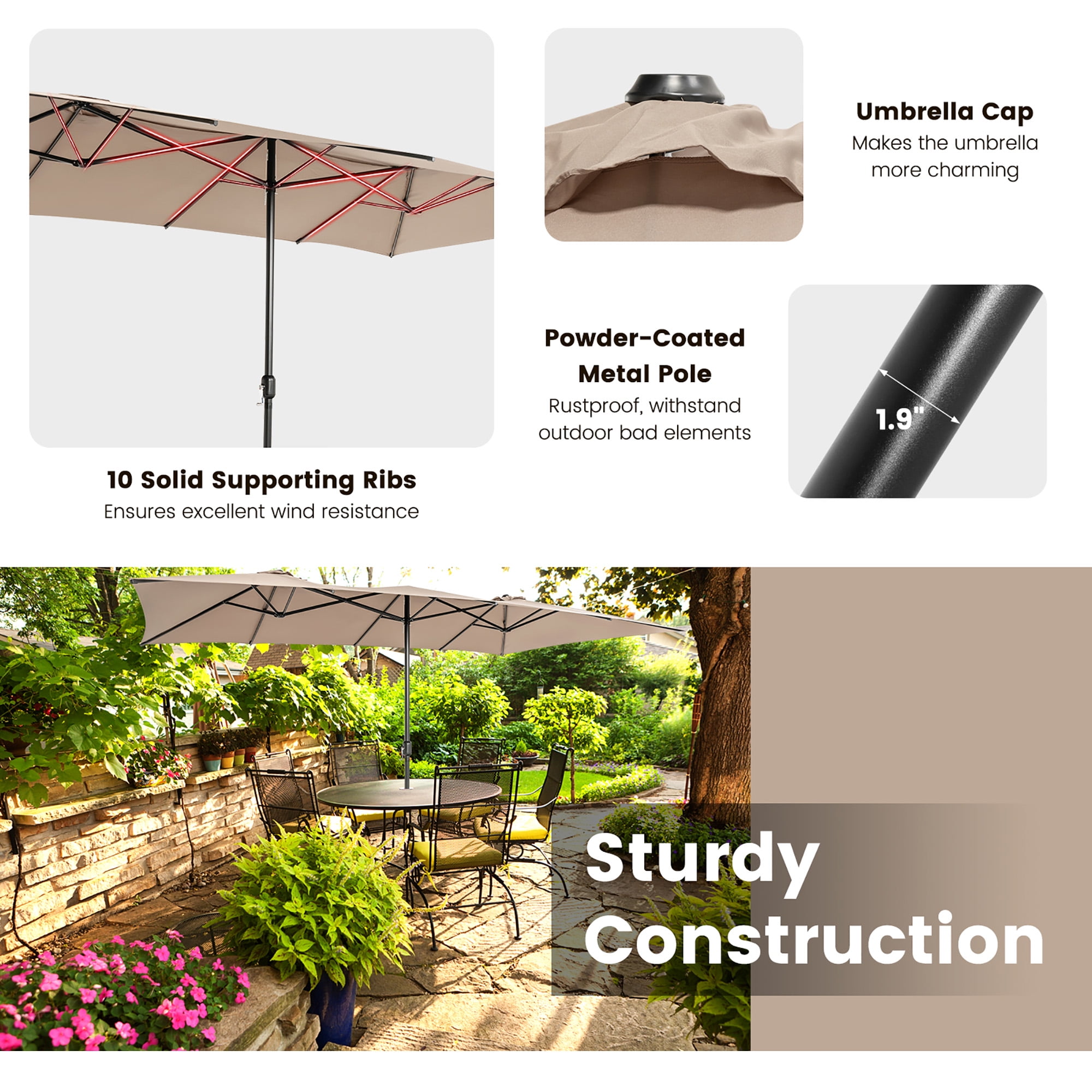Costway 15FT Double-Sided Patio Market Umbrella Large Crank Handle Vented Outdoor Twin Coffee
