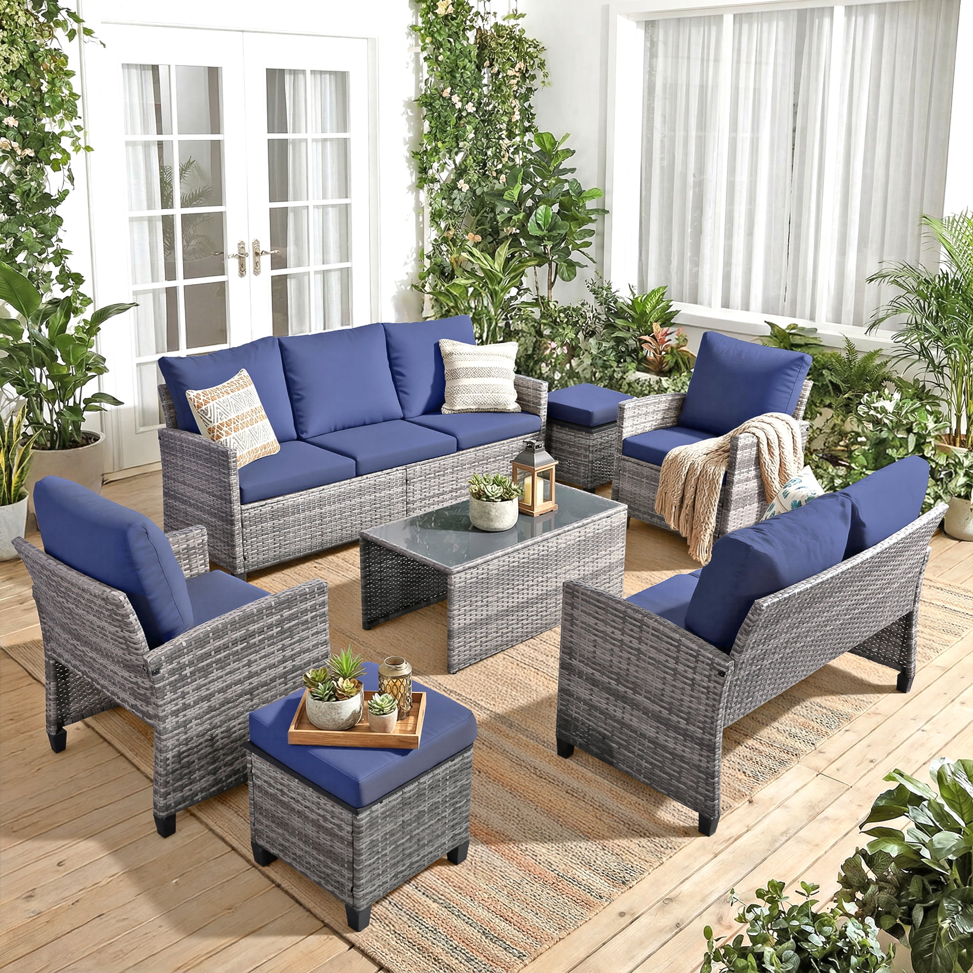 FHFO 7 Piece Outdoor Patio Furniture Sets Wicker Conversation Set PE Rattan Sectional Sofa Couch with Ottomans, and Coffee Table for Backyard, Porch and Garden(gray&Blue)