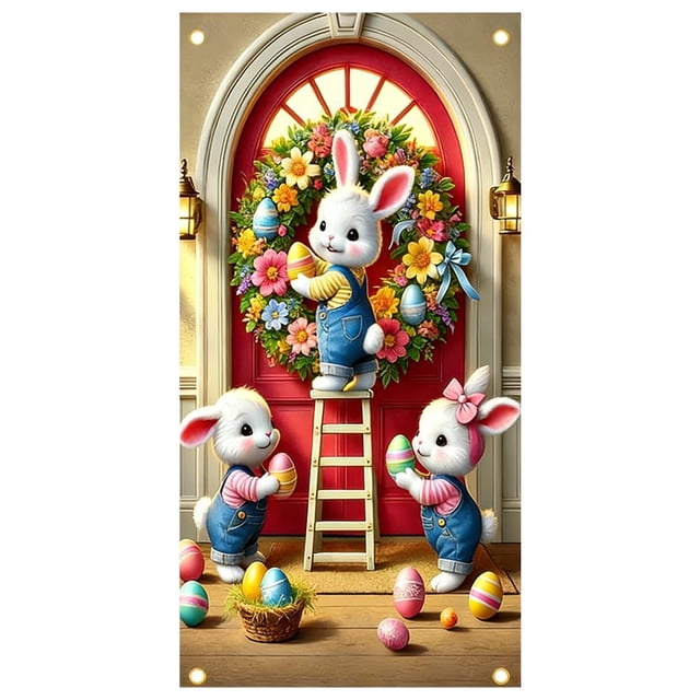 Housse de Porte Lapin de Pâques, Bannières de Rideau de Porte Lapin Rustiques de Printemps pour Porte d'Entrée, Couvre-Porte Décoratifs, Décor de Fond pour Embrasure de Porte pour Porche, Décorations de Fête Extérieures