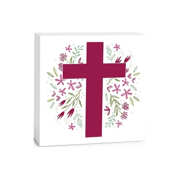 Cross Magenta Green Floral 5 x 5 Wood Tabletop Sign Plaque
