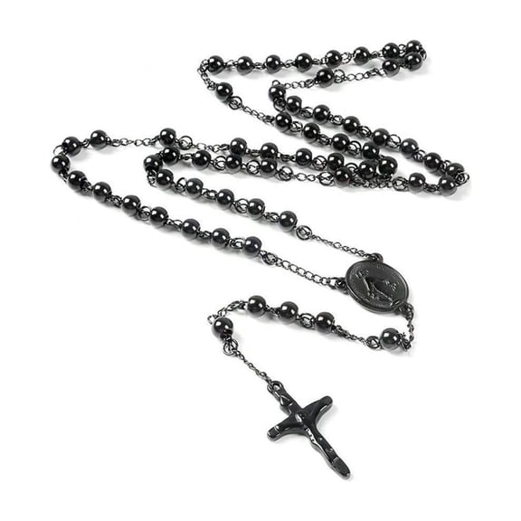 Black Stainless Steel Guadalupe & Jesus Cross Pendant Bead Necklace For Men's 6mm 65cm 15cm Hip-Hop Jewelry Gifts