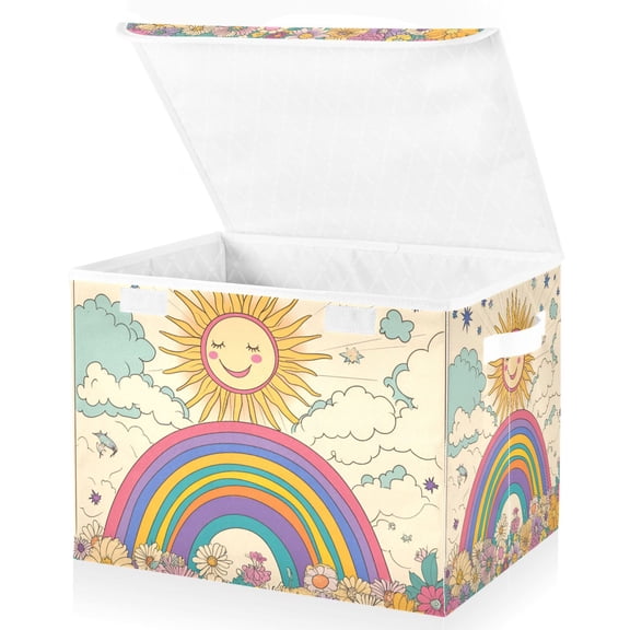 Yayeee Collapsible Cube Storage Bin with Lid Fabric Closet Decorative Basket with Handles, Beige Rainbow