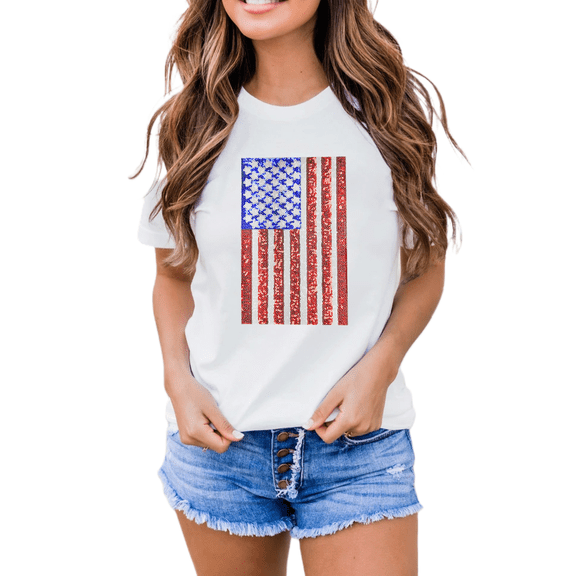 Women's White Shimmery American Flag Graphic Tee