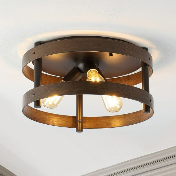 JONATHAN Y Cooper 16" 3-Light Farmhouse Industrial Iron LED Flush Mount, Brown Wood Finished/Oil Rubbed Bronze, JYL1305A