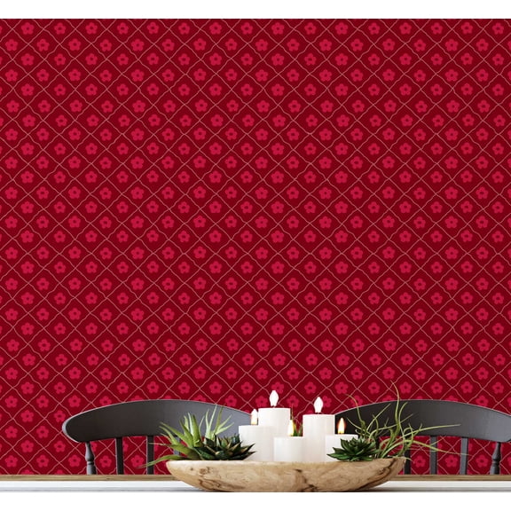 S4Sassy Peel and Stick Wall Covering, Petite Floral Checkered Removable Wall Wrap- Asian Style Mural, Instant for Bathroom, Laundry Room, Closet Interior- Self-Adhesive Wallpaper Vinyl- Red, 25"x120"