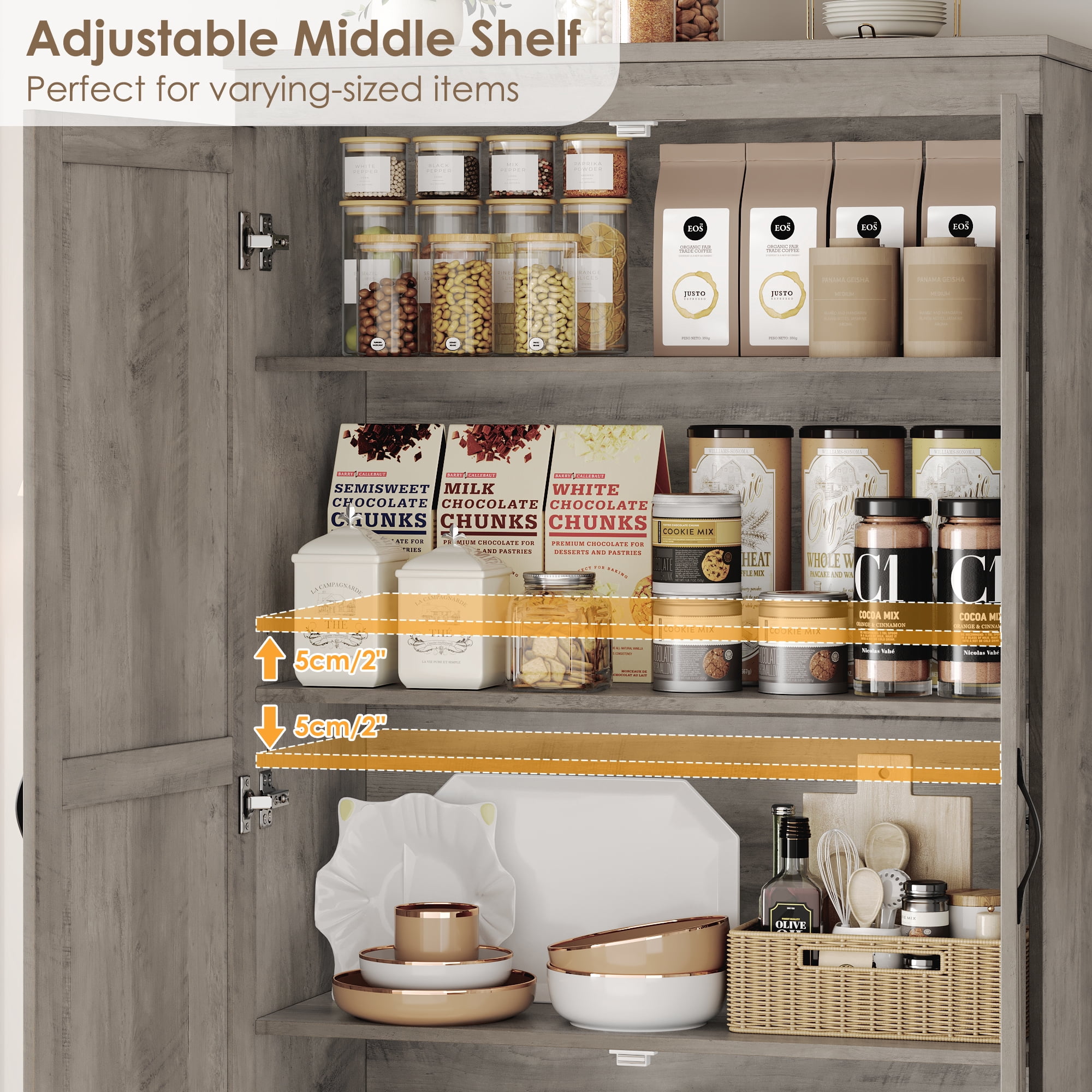 Homfa 70'' Tall Kitchen Pantry with Shelf & Drawer, Farmhouse 2 Door Pantry Storage Cabinet for Dining Room Living Room, Wash Gray