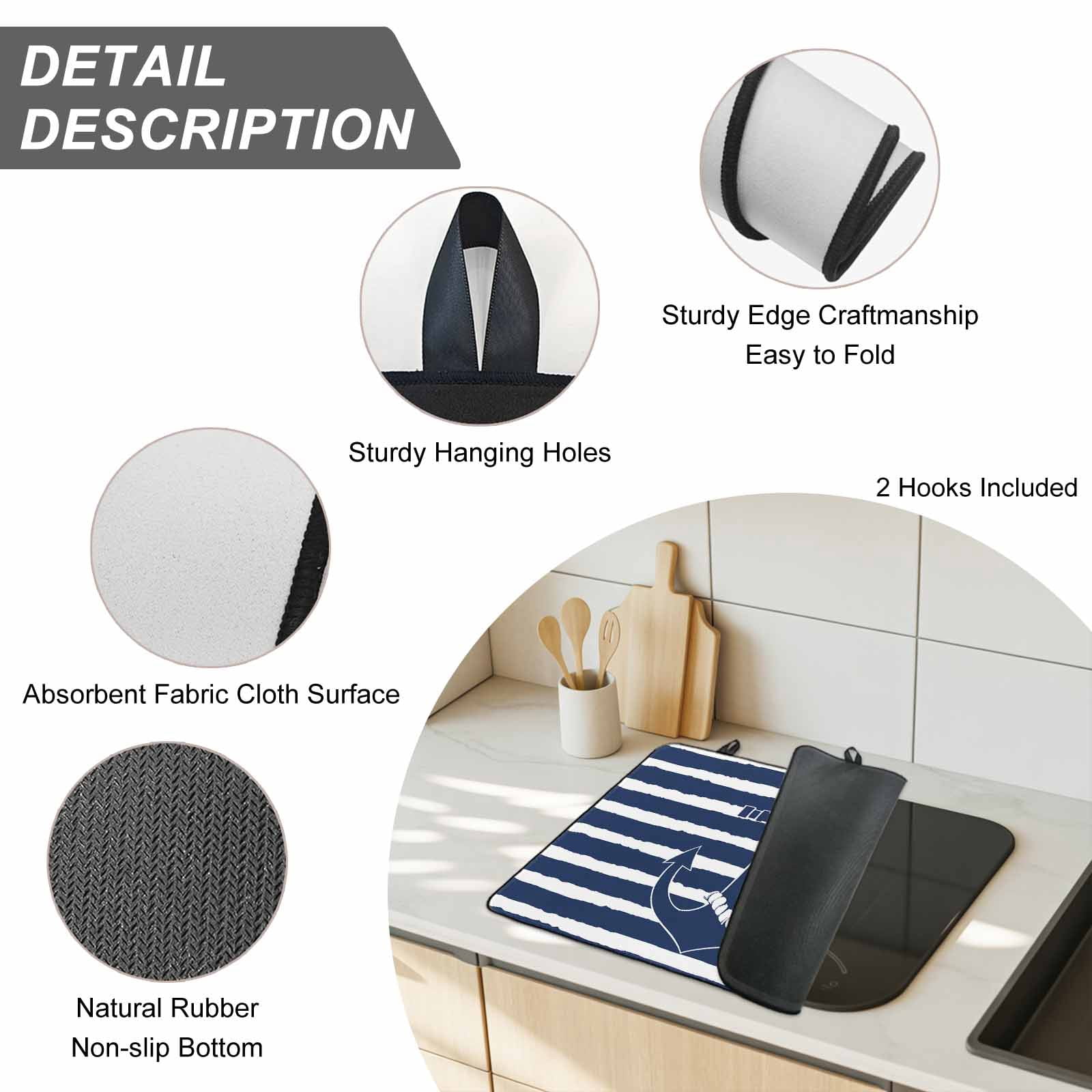 Navy Blue Anchor Nautical Stove Top Cover for Electric Stove, Heat-proof & Non Slip Glass Top Stove Cover Protector, Navy Blue Striped Farmhouse Kitchen Flat Cooktop Rubber Mat 24x21 Inches