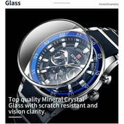 Men's VIP Luxury Chronograph Watch, blue dial, stainless steel case, silicone strap, water-resistant sports watch with date display, chronograph, luminous hands, stainless steel and silicone strap.