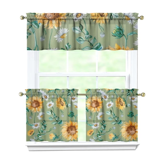 3 Piece Sunflower Kitchen Curtains Set - Boho Yellow Floral Tier & Valance, Vintage Farmhouse Window Treatment, Rod Pocket Rustic Caf Curtains