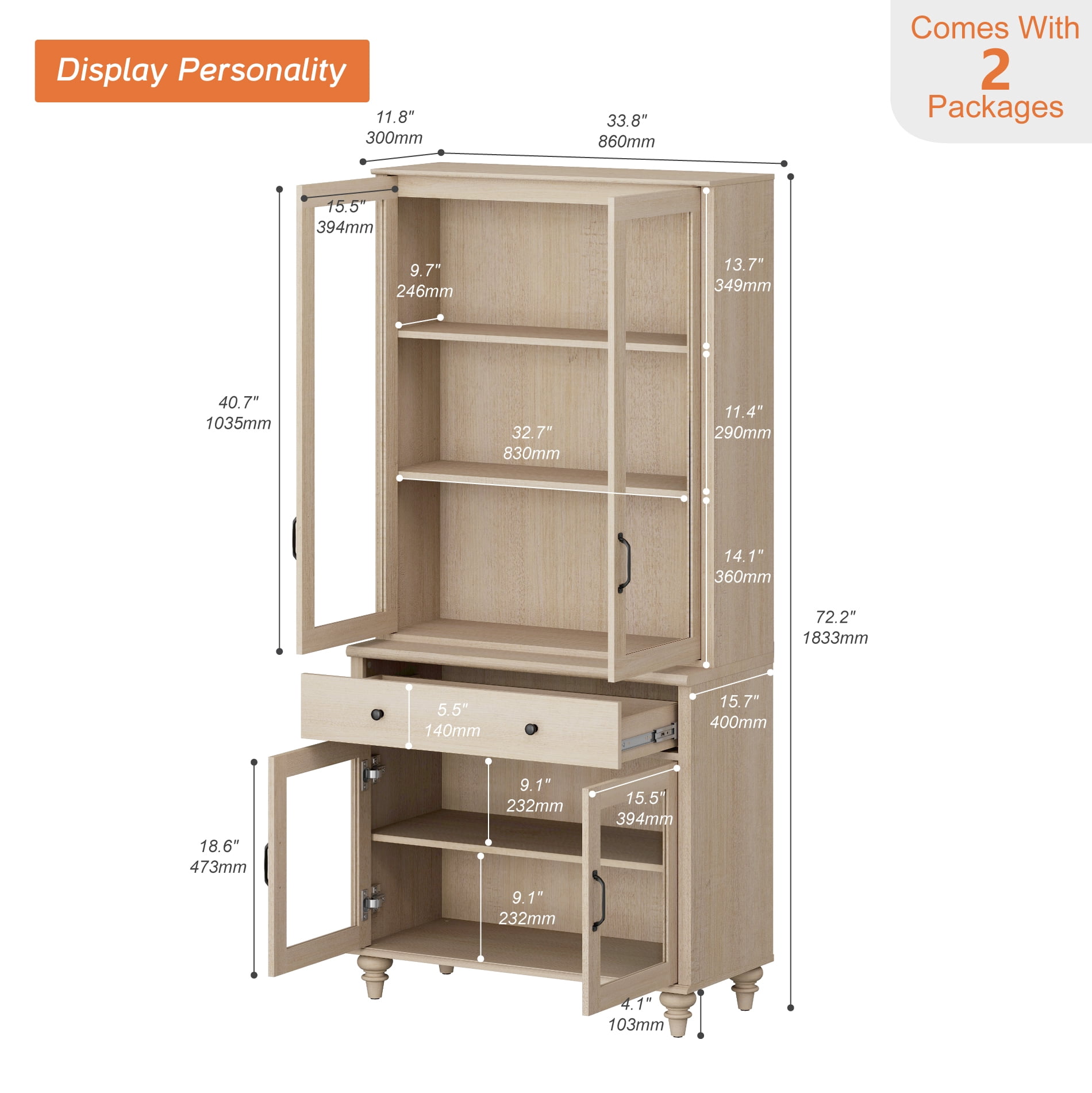 72.1"H × 33.9"W Farmhouse Wooden Bookcase with Glass Doors and Drawer, Large Storage Bookshelf for Living Room, Bedroom, Home Office & Kitchen, Beige