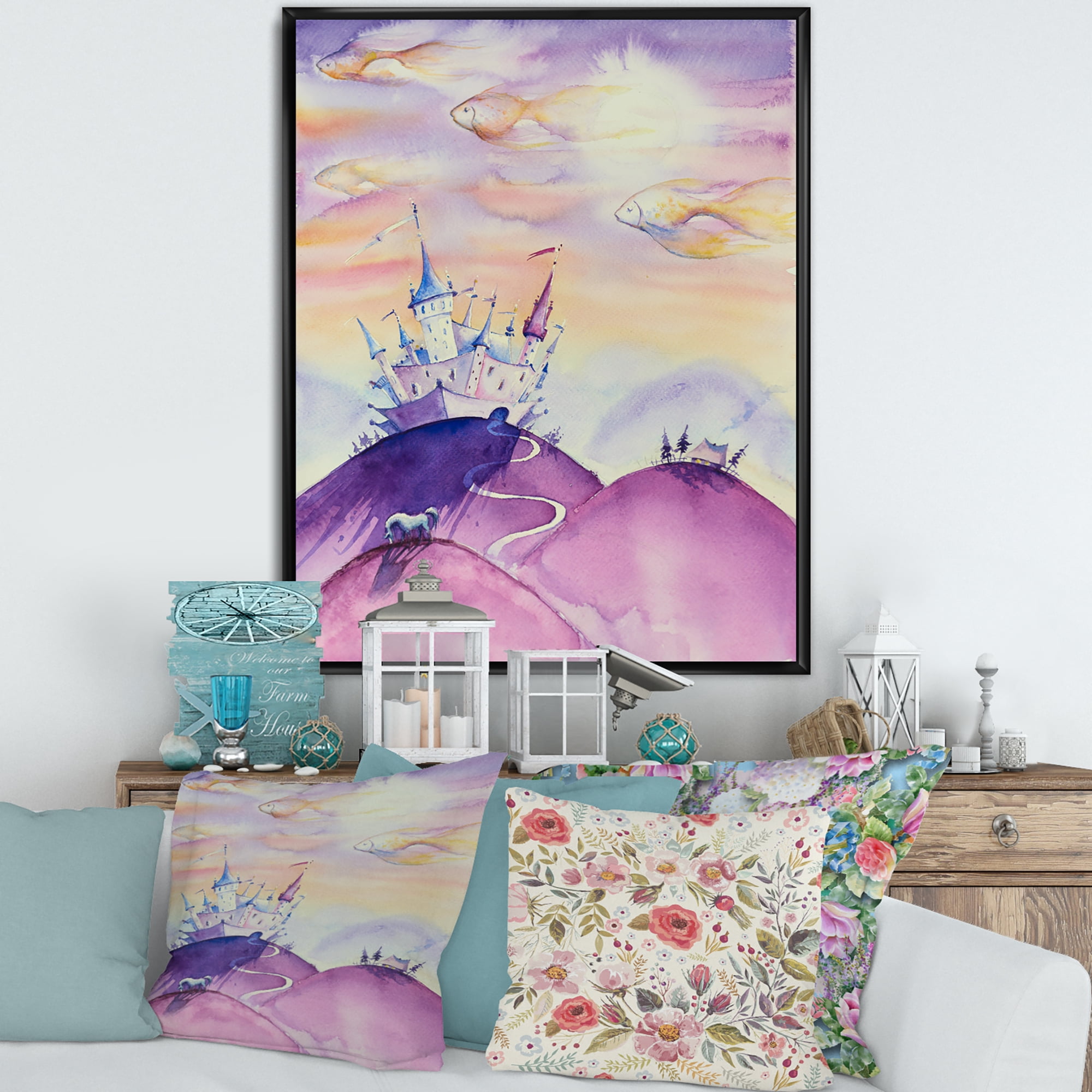 Designart 'Fairy Tale Kingdom Palace On Purple Mountain Top' Children's Art Framed Canvas Wall Art Print
