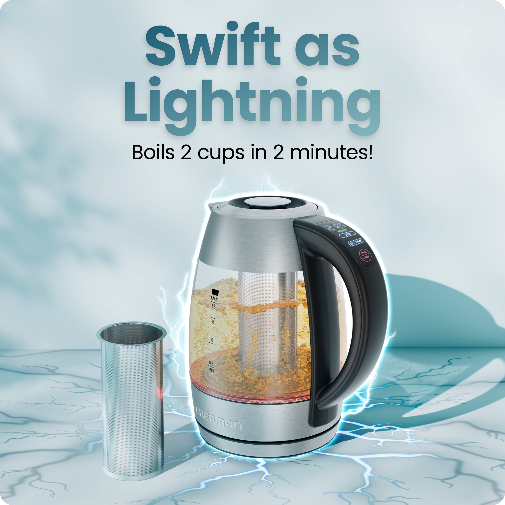 Chefman Lightning 1.8L Custom-Temp Electric Kettle, 1750W with Tea Infuser - Stainless Steel