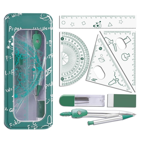 Math Geometry Set for Students Compass Ruler Kit, 8 Pack Metal Storage Box Supplies, Drafting Tools with Protractor Lead Refills(RL)