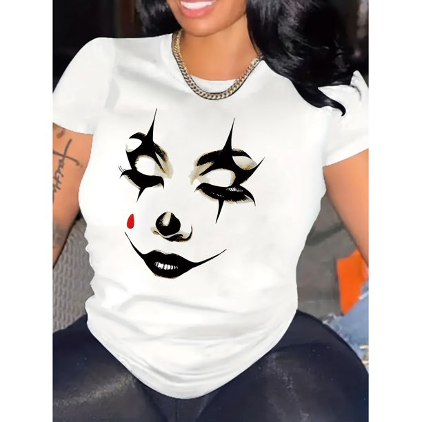 Relaxed Fit Clown Face Print Casual Short Sleeve T-Shirt - Round Neck, Machine Washable For Women