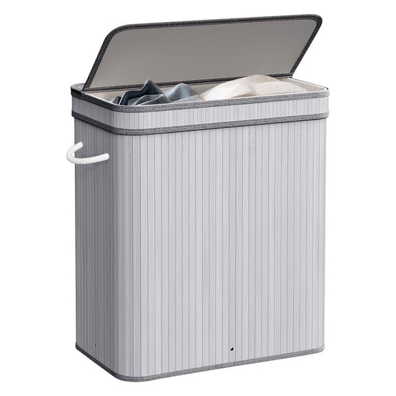 72L Bamboo Laundry Hamper with Lid&Removable Liner, Floldable Dirty Clothes Storage Basket for Bathroom, Bedroom, Dorm, Gray