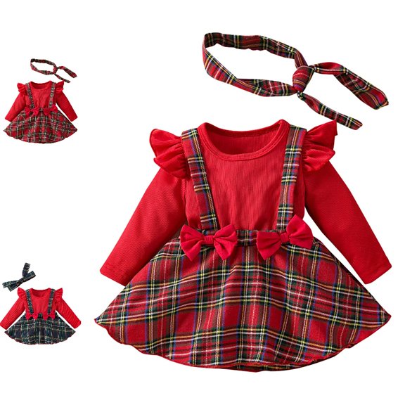 Bmisegm Christmas Dress Plaid Pinafore Set Long Sleeve Top Bow Detail Headband Included Casual Holiday Outfit Girls' Dresses 9-12 Months